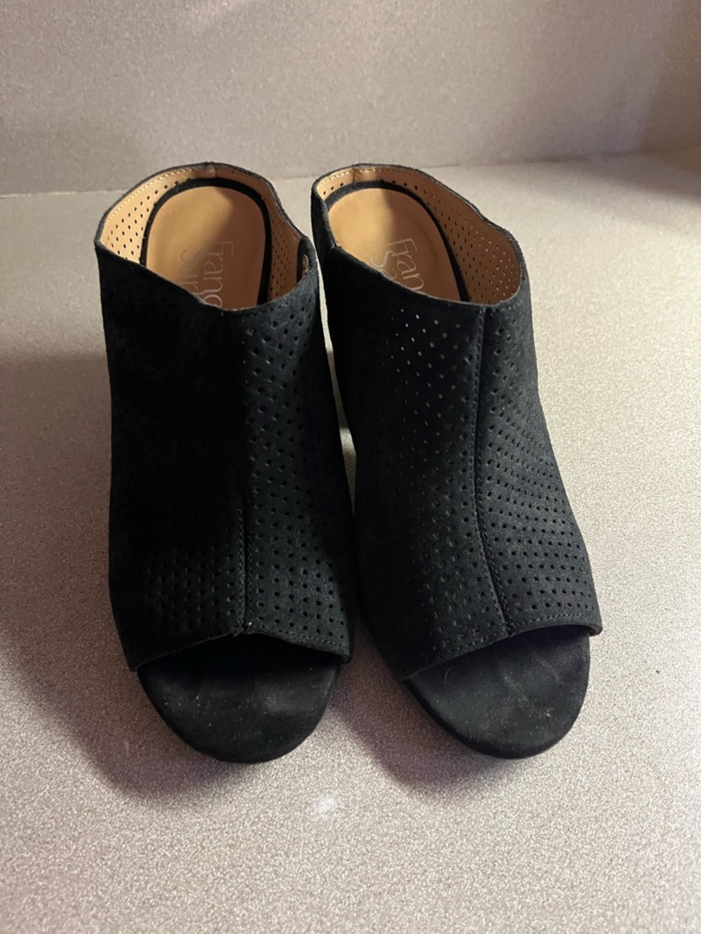 Franco Sarto Black Perforated Slip-On Peep Toe Mules